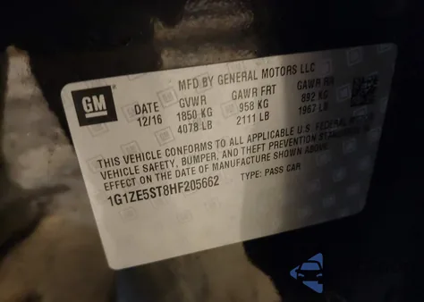 2017 Chevrolet Malibu 1Lt z USA, uszkodzony, nr VIN 1G1ZE5ST8HF205662